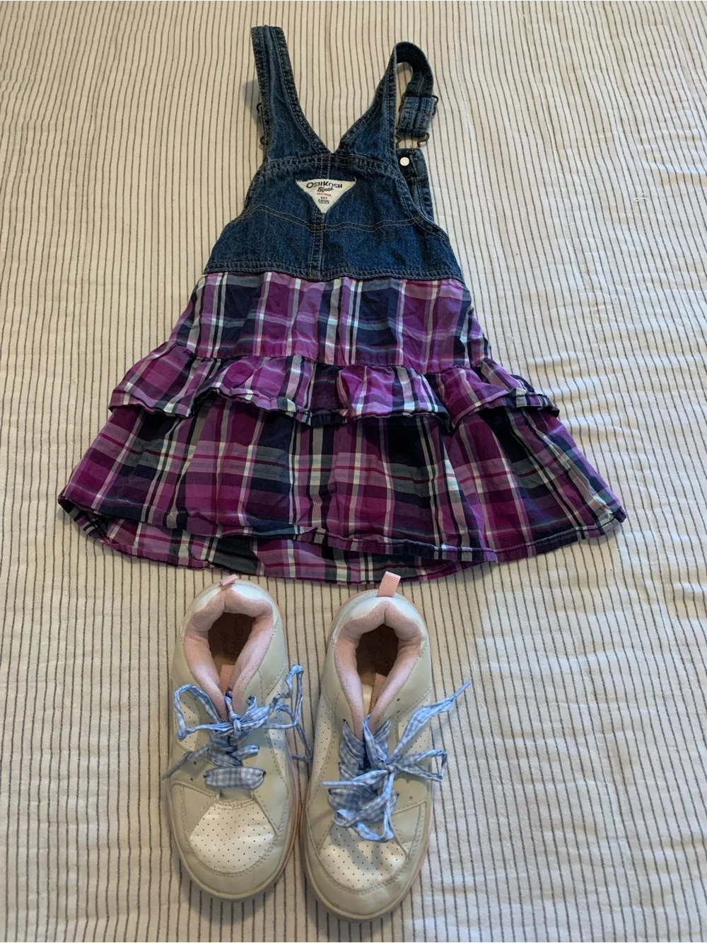 LOT of 2: OshKosh overall plaid denim dress plus sneakers